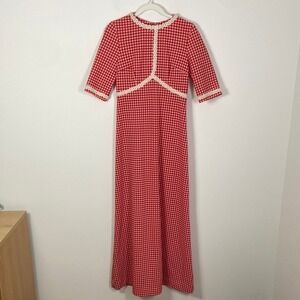 Vintage Short Sleeve Babydoll Gingham Maxi Dress‎ Lace Retro Preppy Summer Sz XS